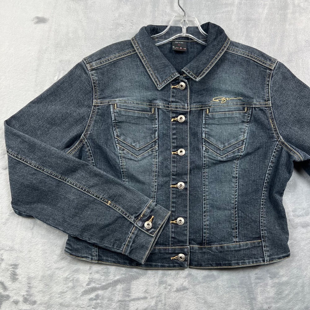 FUBU Denim Jacket Womens XL Blue Dark Wash Embroidered Logo Trucker Coat